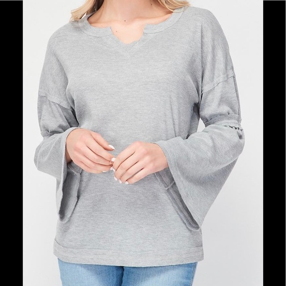 Baea Tops - BAEA Flare Sleeve Gray Top